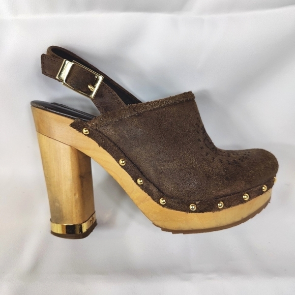 TORY BURCH Brayden Brown Suede Block Heel Slingback Clog Women's Shoe Size 6M - Picture 3 of 10